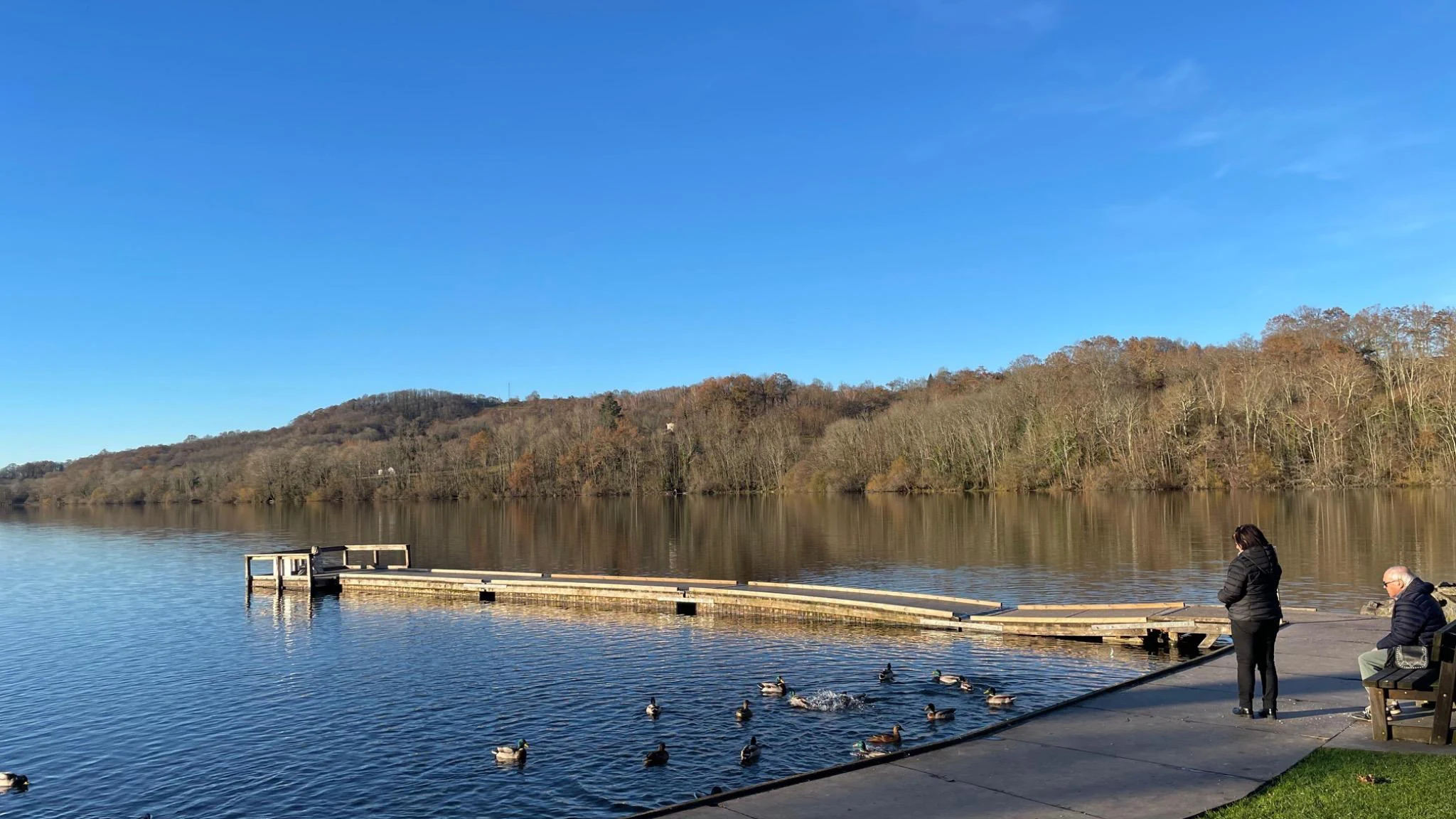 Vista panorámica del Lago de Lourdes en Francia, con patos en el agua y personas disfrutando del paisaje