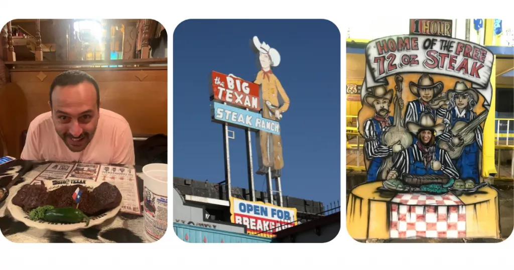 Experiencia en The Big Texan Steak Ranch en la Ruta 66 en Texas, con el famoso reto del filete de 72 oz.