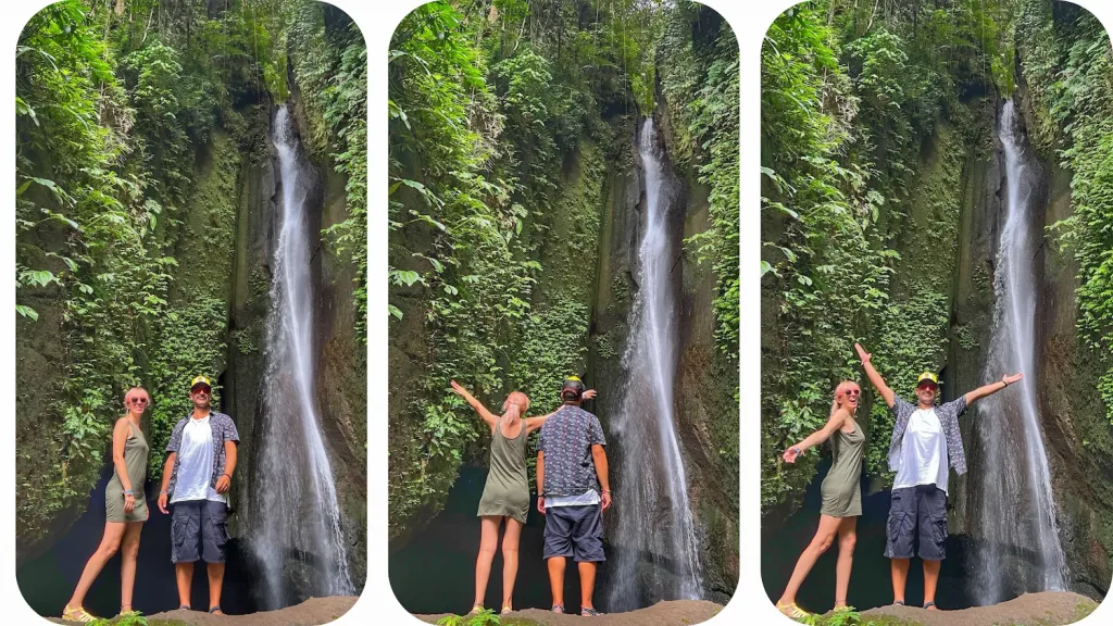 Ana y Miguel en la cascada Leke Leke en Bali, disfrutando de este rincón natural rodeado de selva
