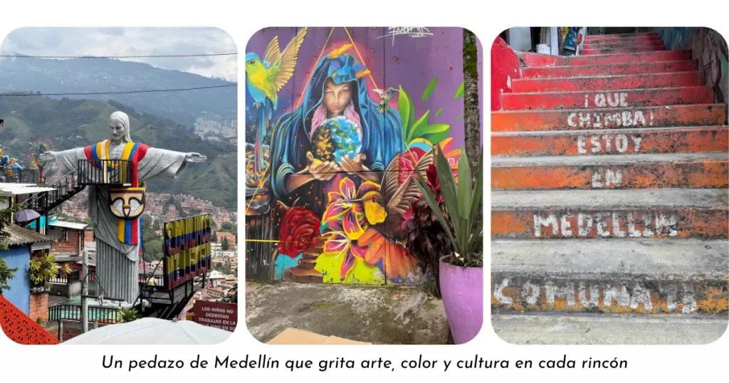 Collage de Medellín con el Cristo de la Comuna 13, mural urbano y escalera icónica