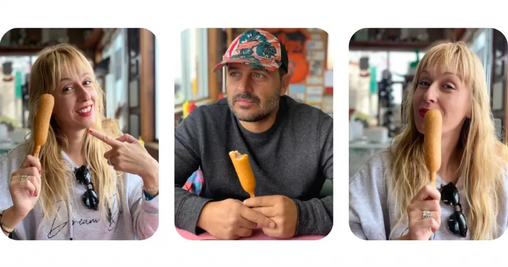 Ana y Miguelito disfrutando de corn dogs en la Ruta 66