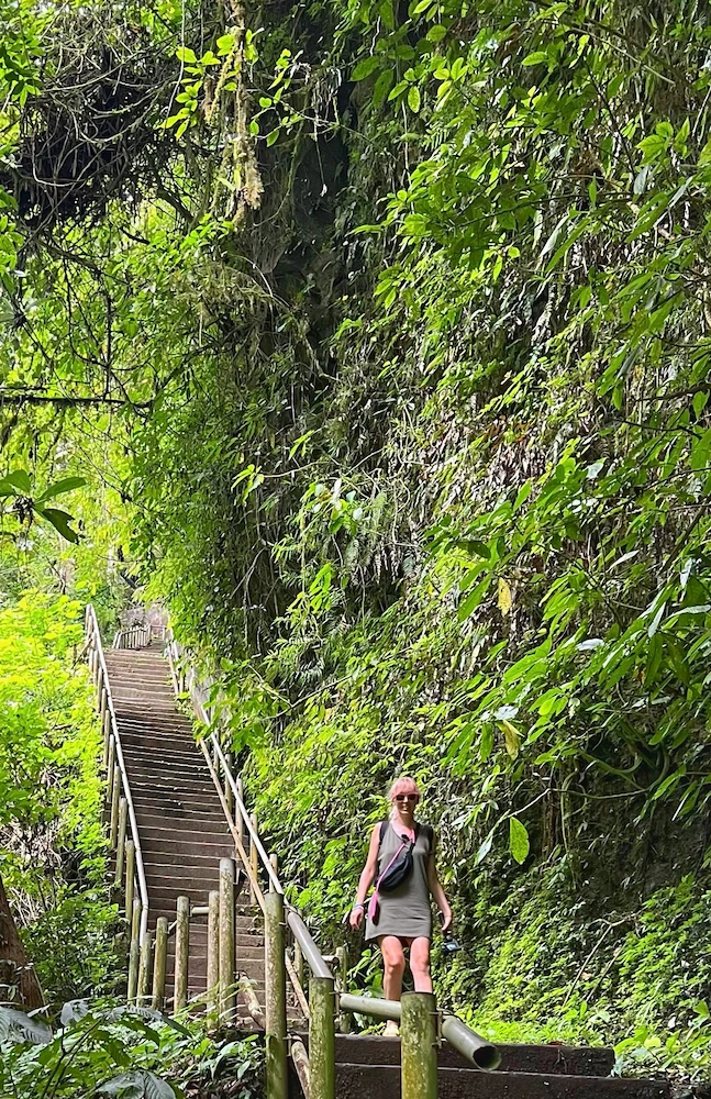 Ana bajando las escaleras hacia la cascada Nungnung, rodeada de vegetación en Bali