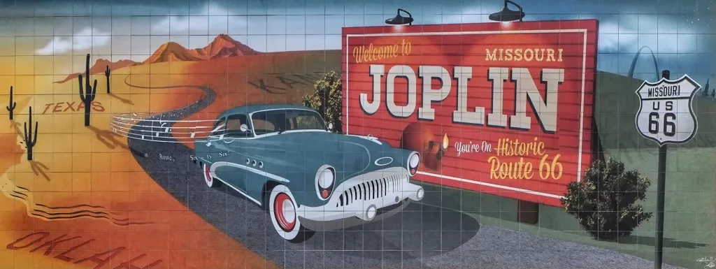 Mural vintage de bienvenida a Joplin, Missouri, en la Ruta 66.
