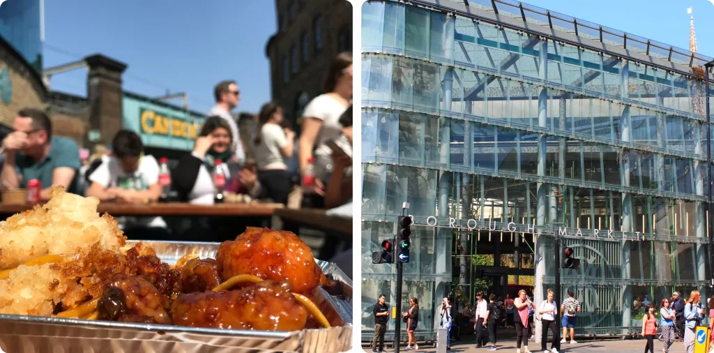 Collage gastronómico con comida de Camden Market y la entrada al Borough Market en Londres