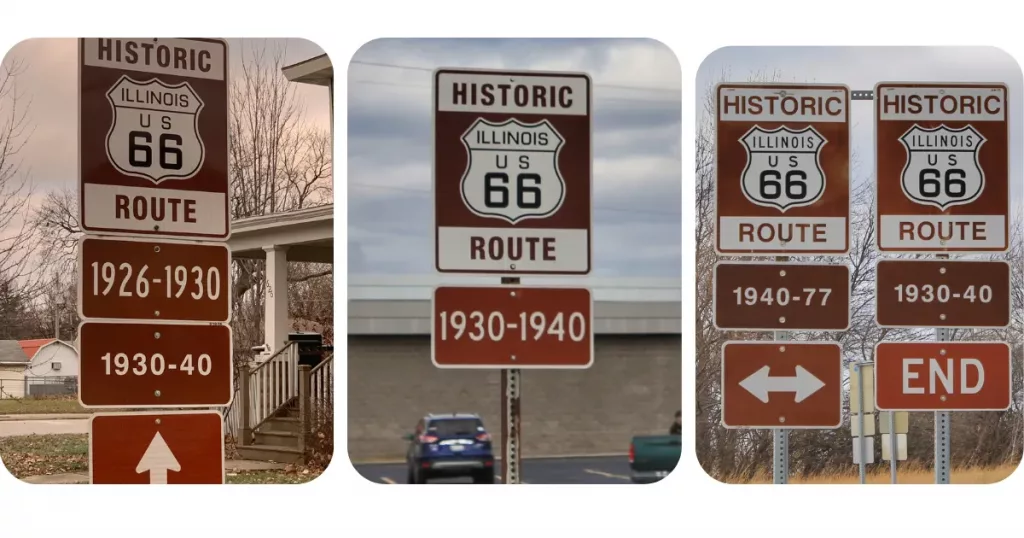 Señales históricas de la Ruta 66 en Illinois con diferentes periodos marcados