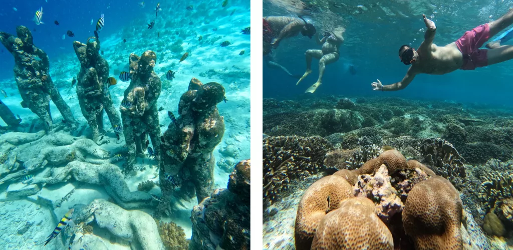 Snorkel en Gili Air junto a las estatuas submarinas y arrecifes de coral.