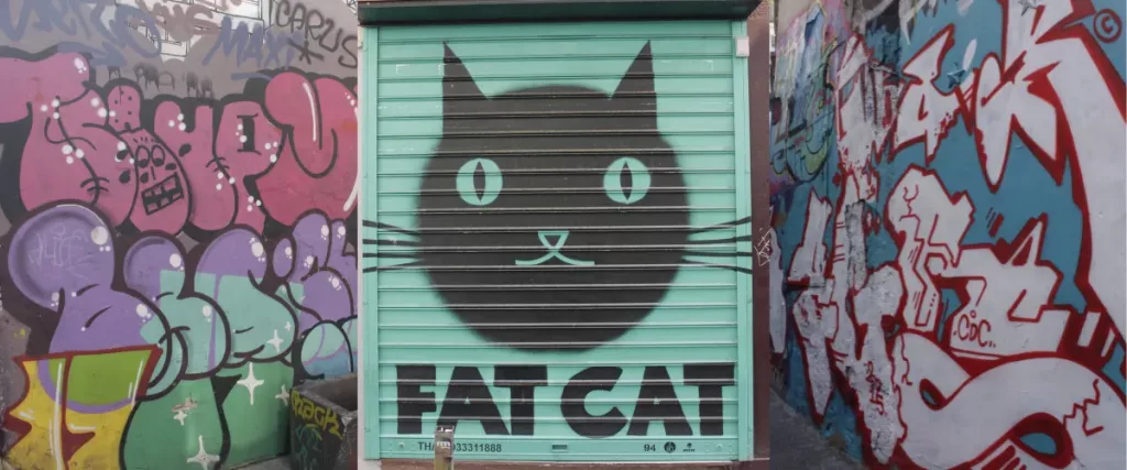 Street art en Psiri con mural del Fat Cat en Atenas